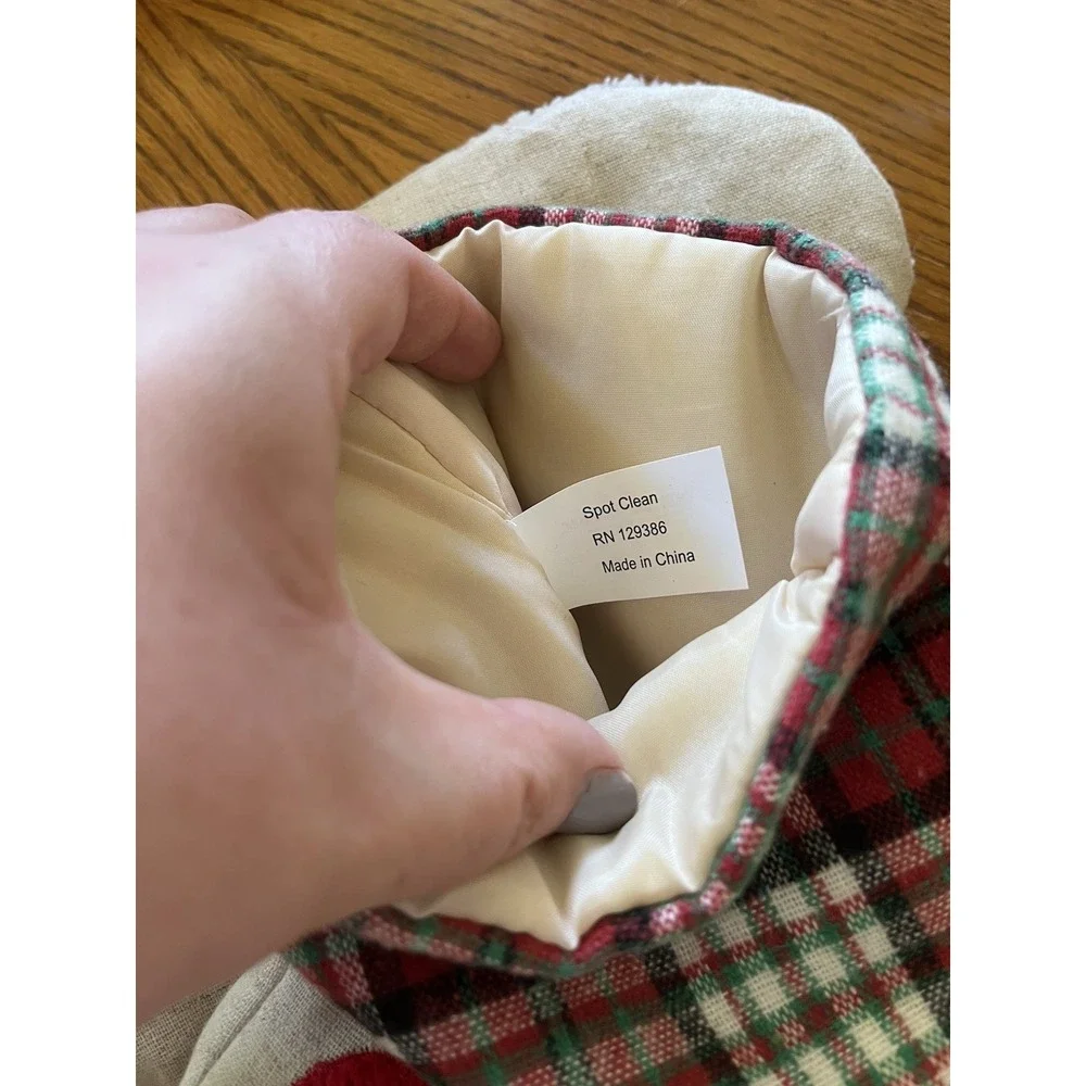 Christmas Stocking Fabric Cloth Beige Santa Plaid Country Rustic Primitive 17